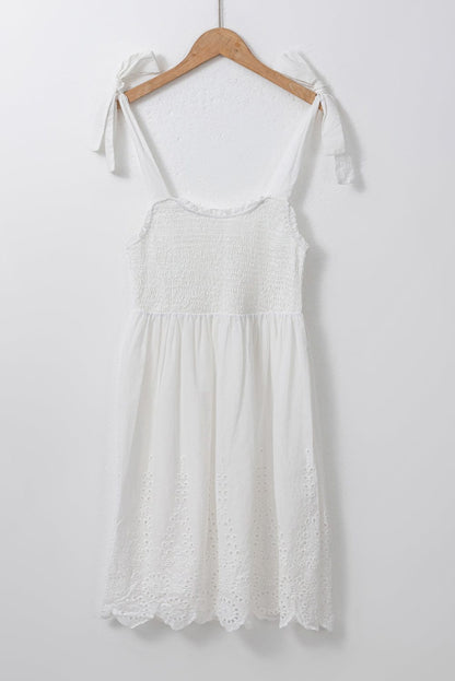 Smocked White Mini Dress with Adjustable Tie Straps
