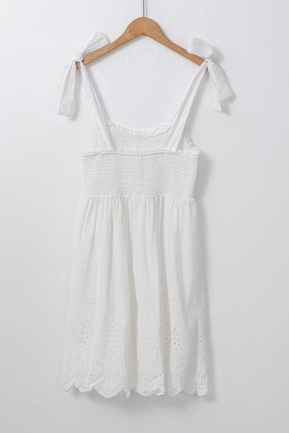 Smocked White Mini Dress with Adjustable Tie Straps