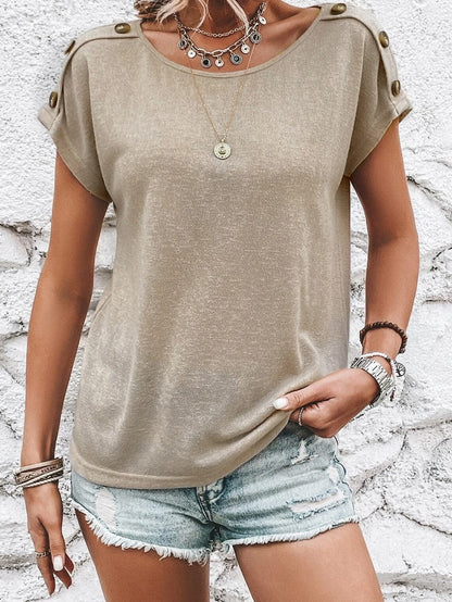 Smoke Gray Batwing Sleeve Button Accent Casual Top