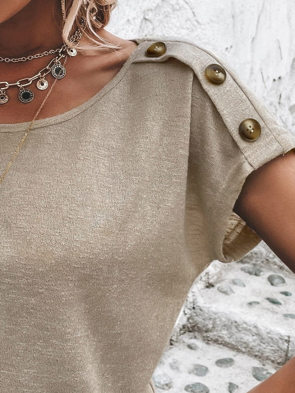 Smoke Gray Batwing Sleeve Button Accent Casual Top