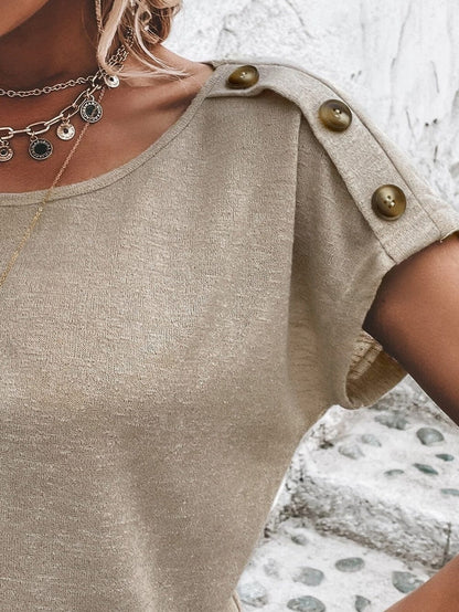 Smoke Gray Batwing Sleeve Button Accent Casual Top