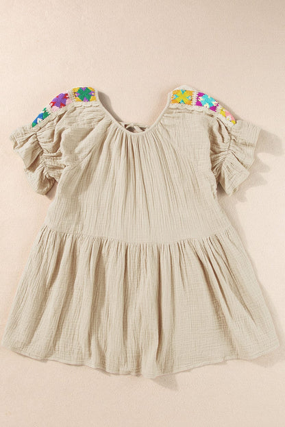 Smoke Gray Embroidered Puff Sleeve Blouse with Bubble Sleeves