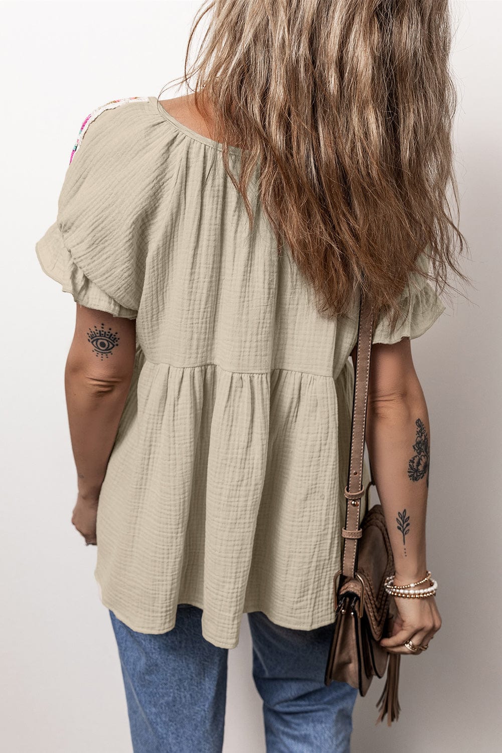 Smoke Gray Embroidered Puff Sleeve Blouse with Bubble Sleeves