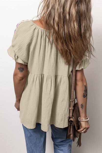 Smoke Gray Embroidered Puff Sleeve Blouse with Bubble Sleeves