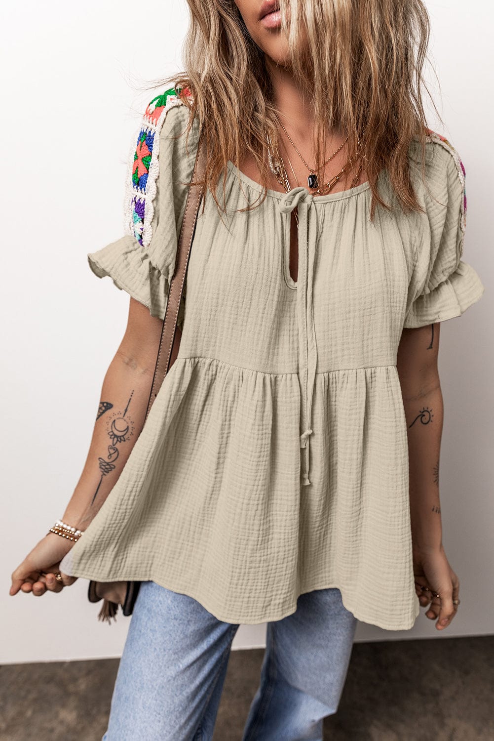 Smoke Gray Embroidered Puff Sleeve Blouse with Bubble Sleeves
