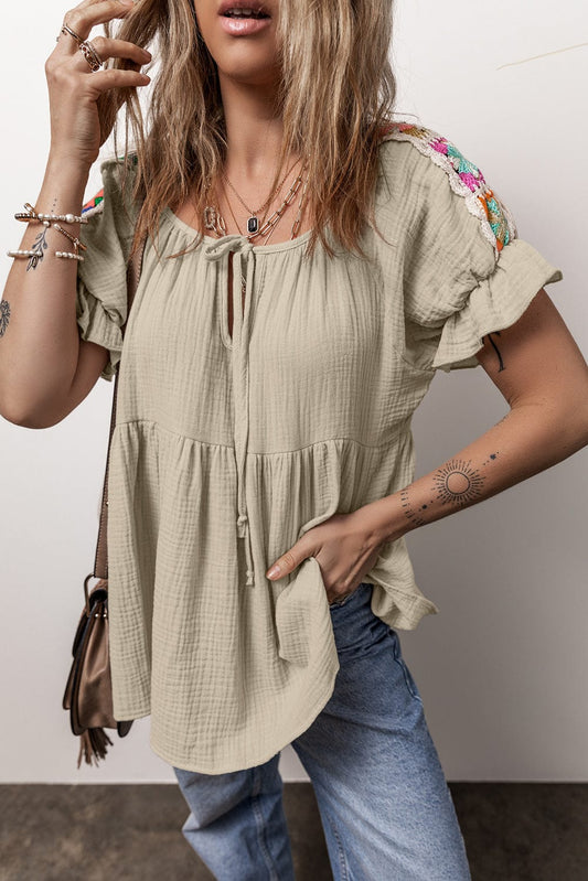 Smoke Gray Embroidered Puff Sleeve Blouse with Bubble Sleeves