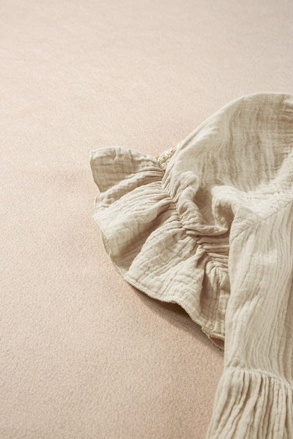 Smoke Gray Embroidered Puff Sleeve Blouse with Bubble Sleeves