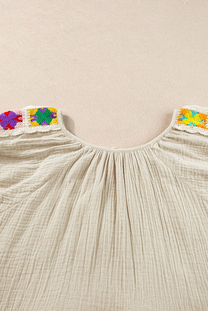 Smoke Gray Embroidered Puff Sleeve Blouse with Bubble Sleeves