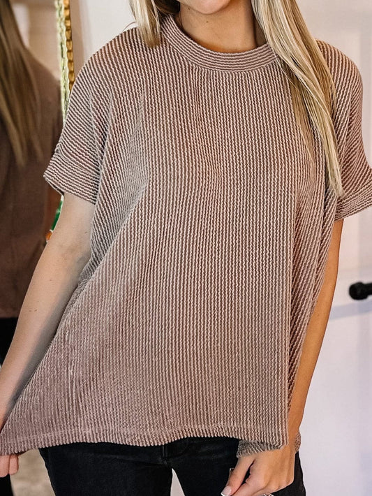 Smoke Gray Textured Crew Neck Ribbed T-shirt