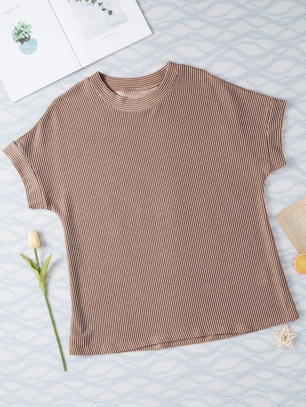 Smoke Gray Textured Crew Neck Ribbed T-shirt