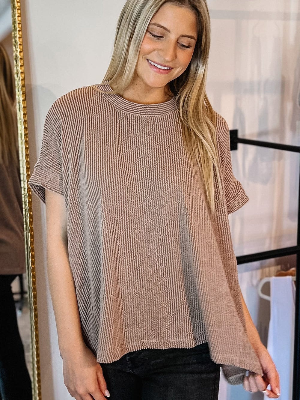 Smoke Gray Textured Crew Neck Ribbed T-shirt