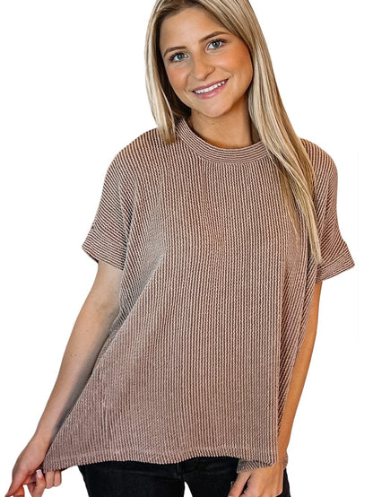 Smoke Gray Textured Crew Neck Ribbed T-shirt