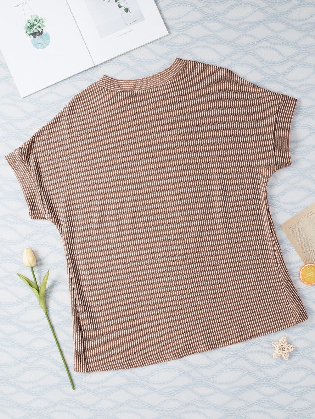 Smoke Gray Textured Crew Neck Ribbed T-shirt