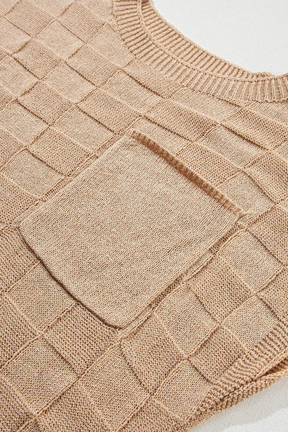 Smoky Gray Textured Knit Lattice Short Sleeve Top