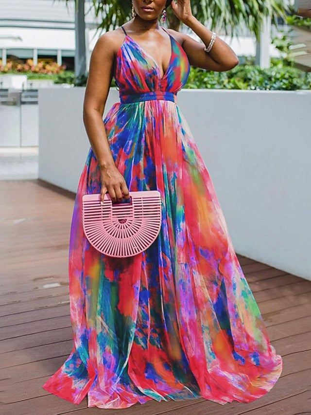 Women's Dress - Plus Size Curve Party Dress Sundress Tie Dye V Neck Print Sleeveless Spring Summer Formal Prom Dress Maxi long Dress Party Vacation Dress / Party Dress