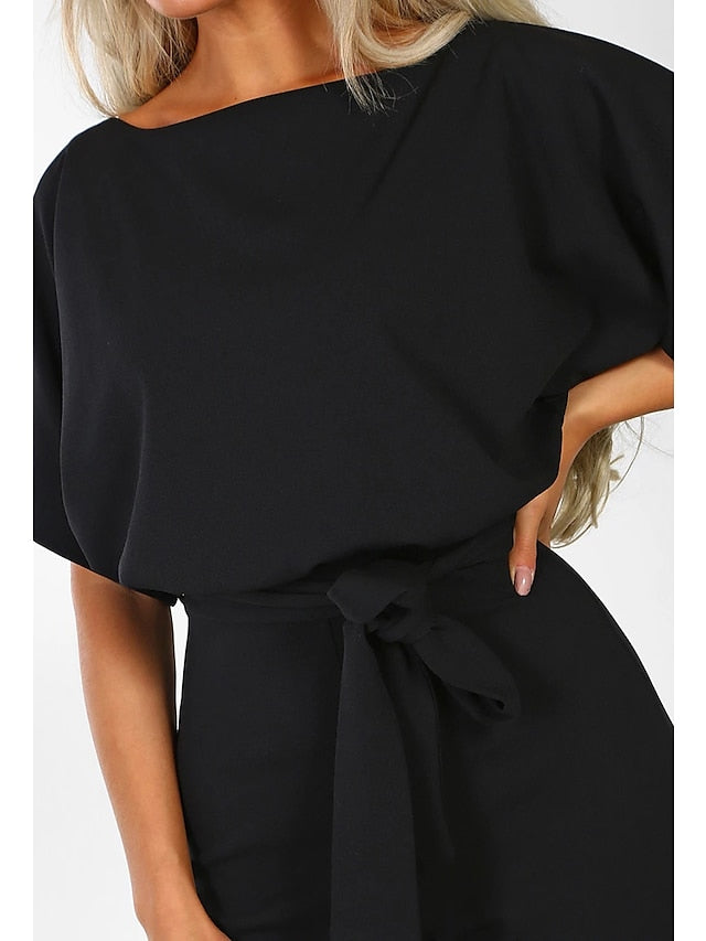 Jumpsuits for Women Summer Dressy Short Sleeve Belt Clean Fit Party Wide Leg Playsuit Long Pants Summer - LuckyFash™