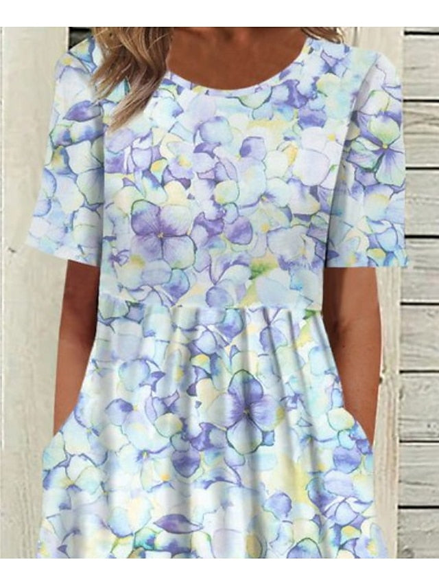 Women's Dress - Casual Dress Floral Dress Print Dress Midi Dress Light Blue Short Sleeve Print Ruched Summer Spring Crew Neck Stylish Vacation 2023 S M L XL XXL 3XL