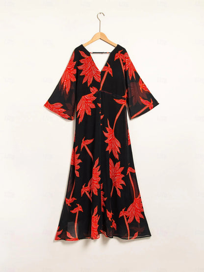 Chiffon Leaf Flower Print V Neck Maxi Dress