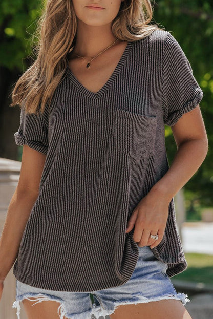 Soft Carbon Grey Corded V Neck Tee with Twist Sleeve Detail