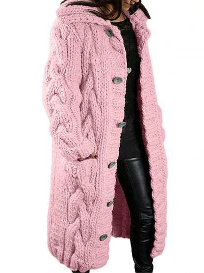 Women's Cardigan Sweater Hooded Cable Knit Acrylic Button Pocket Fall Winter Long Outdoor Going out Weekend Stylish Casual Soft Long Sleeve Pure Color Red Brown Black Light Green S M L