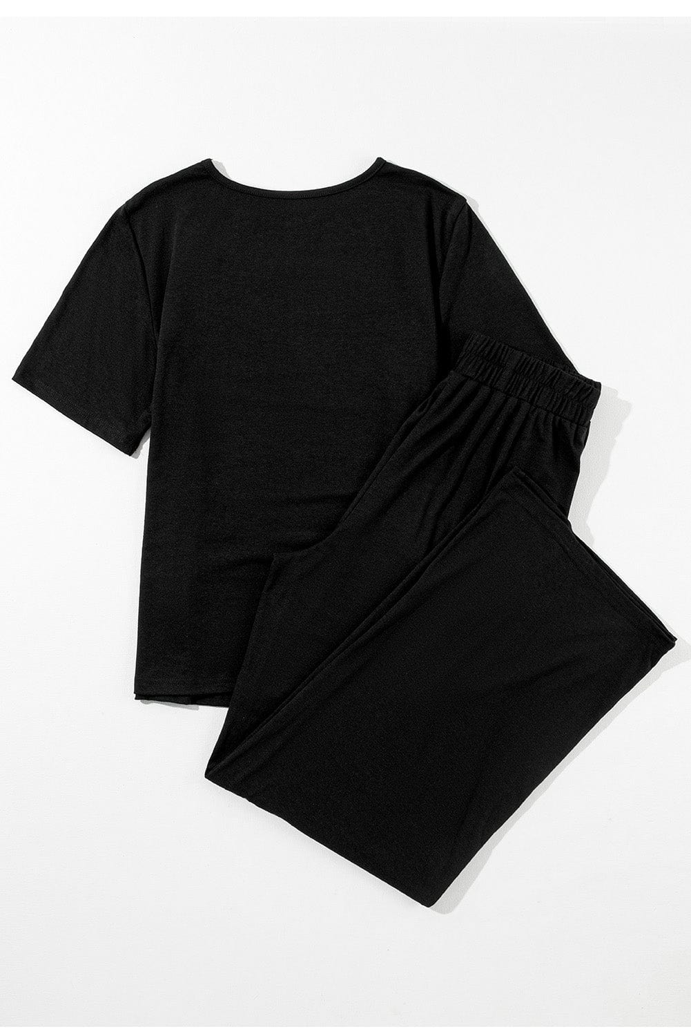 Solid Black Casual Two-Piece T-Shirt and Wide Leg Pants Set