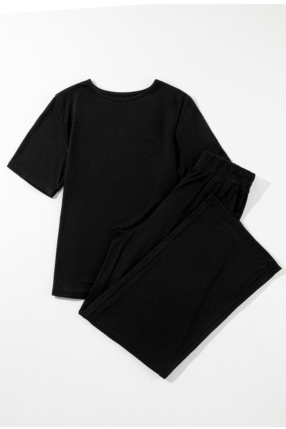 Solid Black Casual Two-Piece T-Shirt and Wide Leg Pants Set
