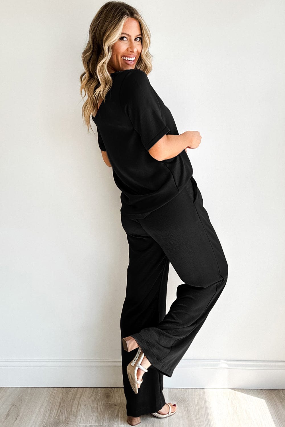 Solid Black Casual Two-Piece T-Shirt and Wide Leg Pants Set