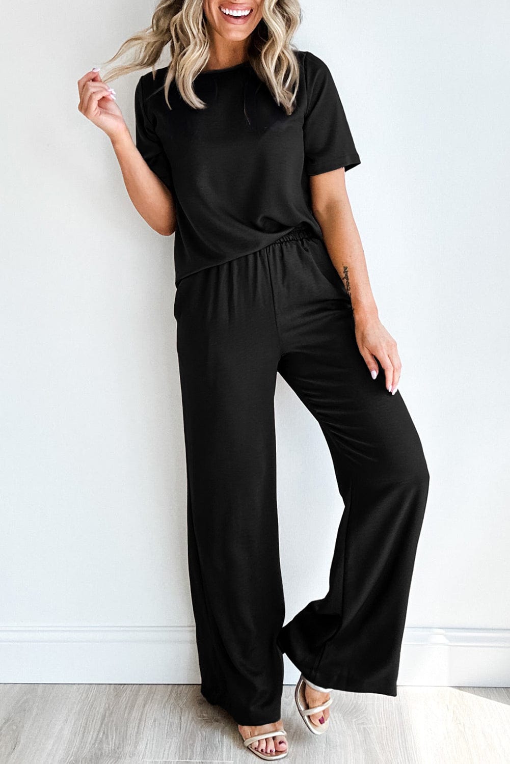 Solid Black Casual Two-Piece T-Shirt and Wide Leg Pants Set