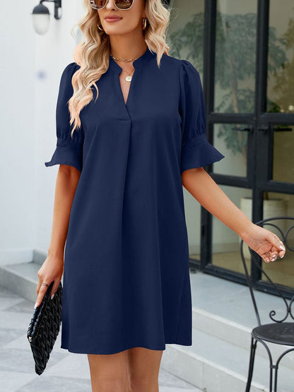 Solid Color Loose V Neck Half Sleeve Mini Dress