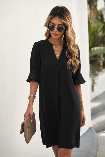 Solid Color Loose V Neck Half Sleeve Mini Dress