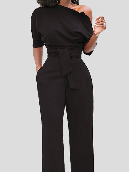 Jumpsuits - Solid Color One Shoulder Short Sleeve Jumpsuit - MsDressly