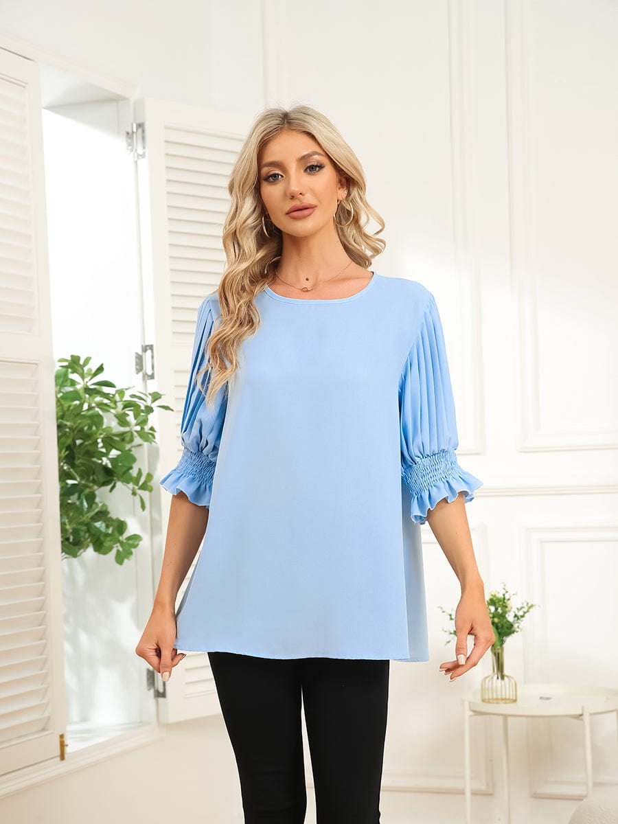 Solid Color Round Neck Ruffle Sleeve Chiffon Blouse