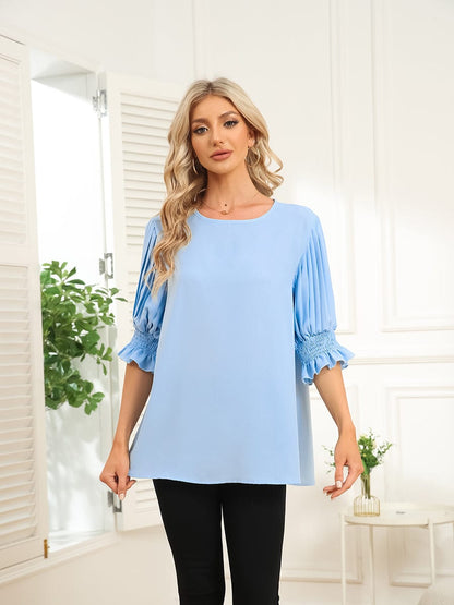 Solid Color Round Neck Ruffle Sleeve Chiffon Blouse