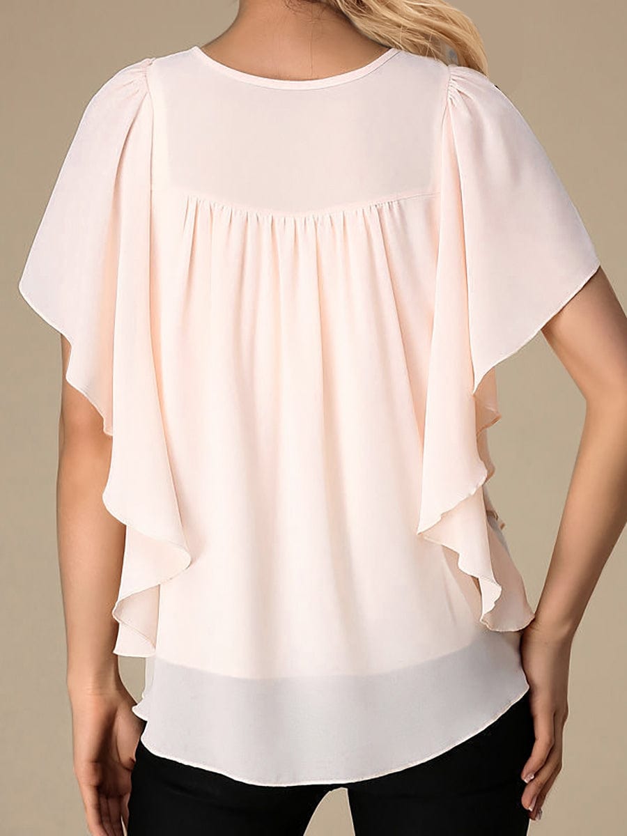 Solid Color Round Neck Short Sleeve Loose Chiffon Blouse