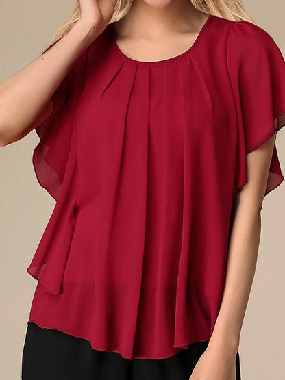 Solid Color Round Neck Short Sleeve Loose Chiffon Blouse