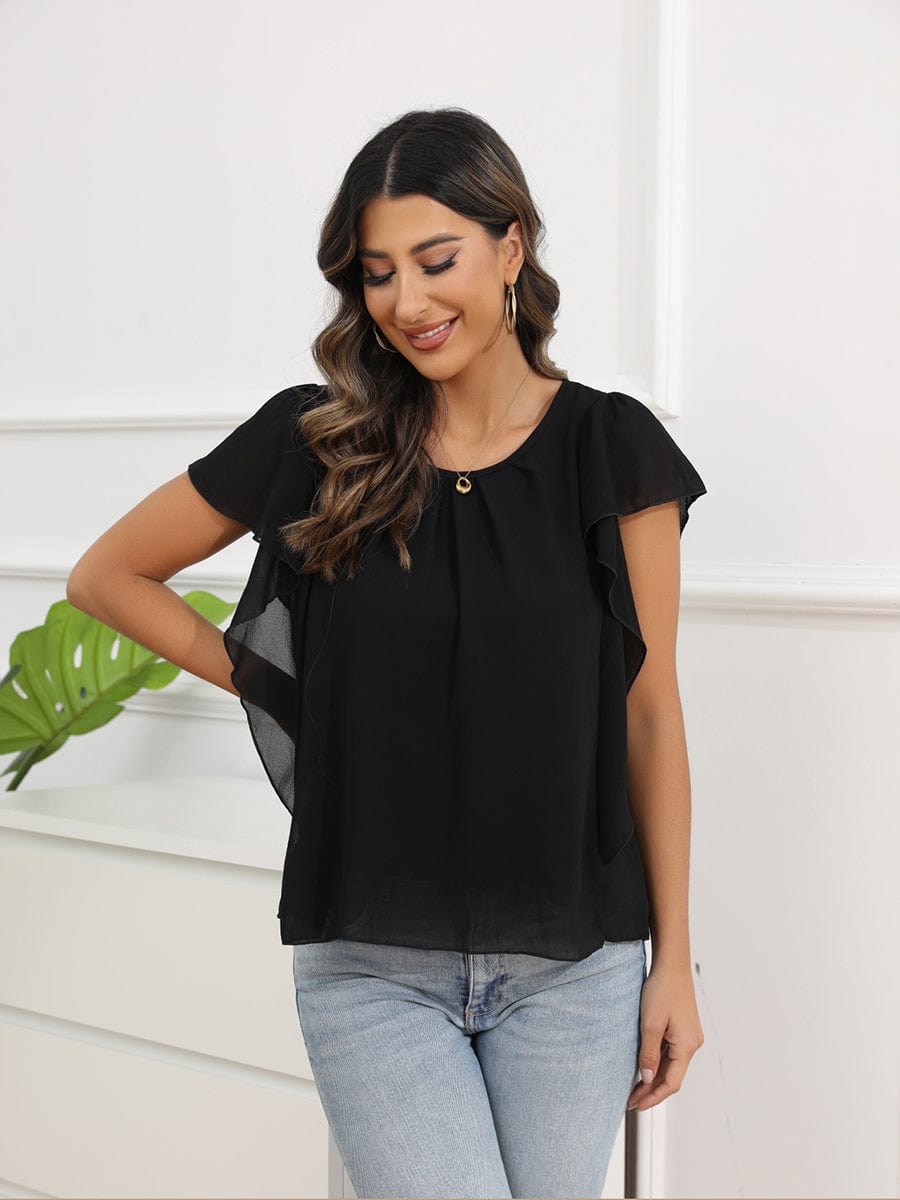 Solid Color Round Neck Short Sleeve Loose Chiffon Blouse