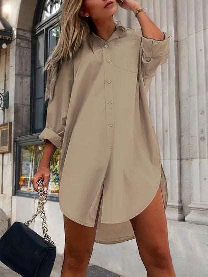 Solid Color Single-breasted Beach Cover Up Dress with Lapel Side Split, Loose Fit for Women's Swimwear & Clothing