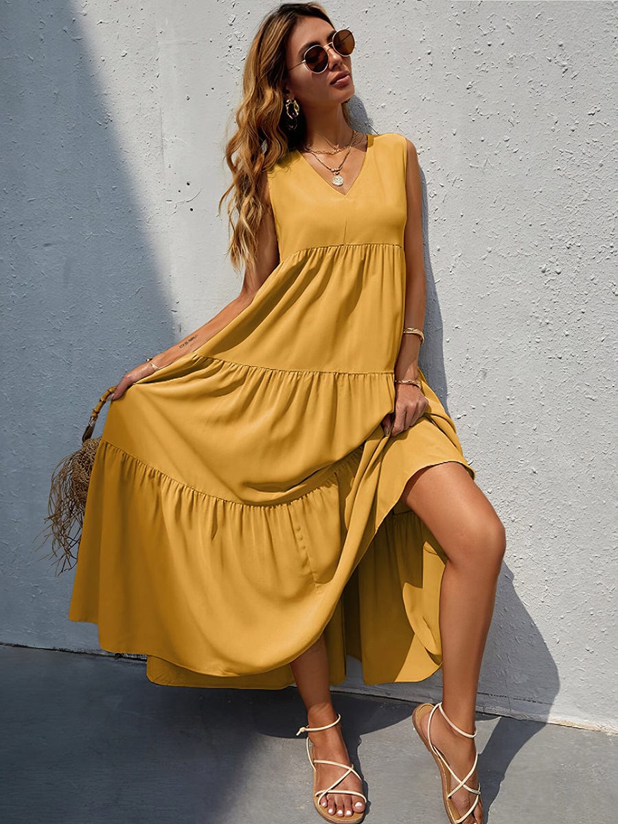 Solid Color V Neck Sleeveless Maxi Dress