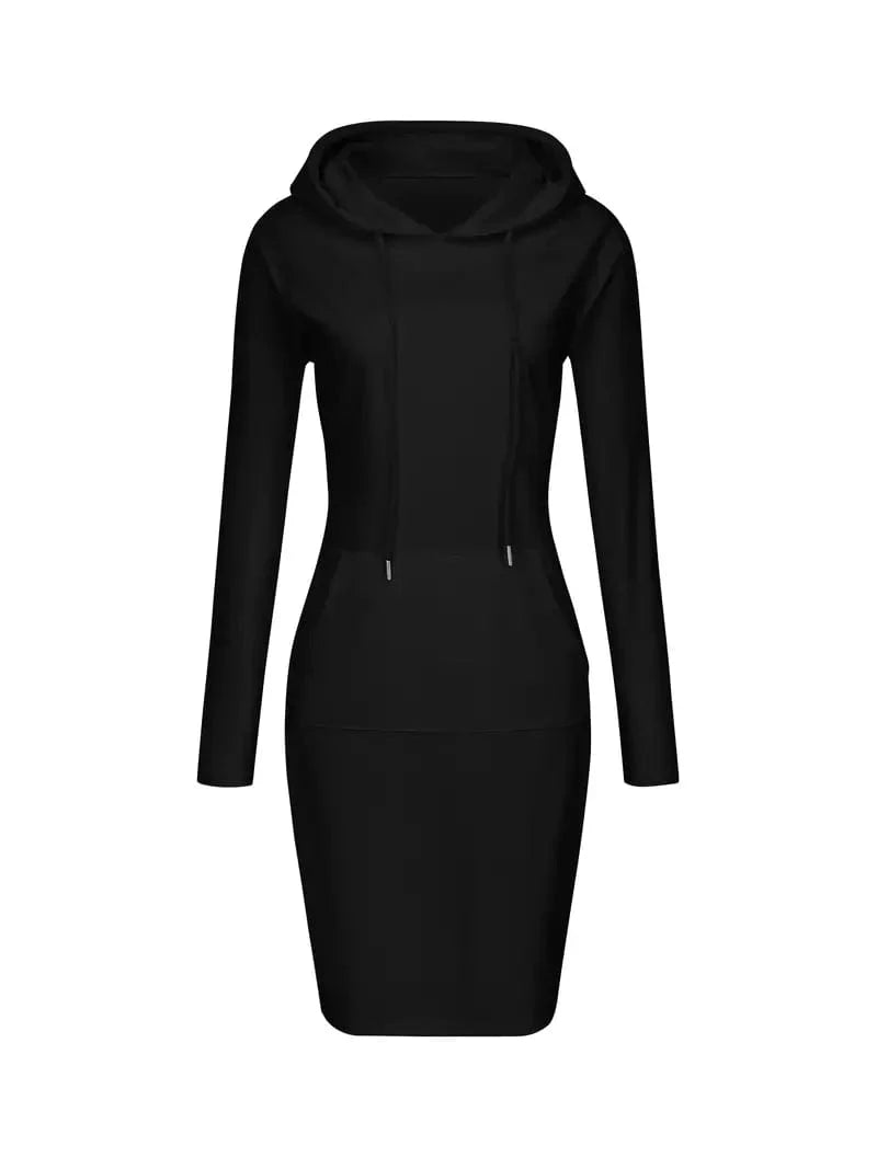 Solid Drawstring Long Sleeve Pocket Hooded Active Sports Mini Dress