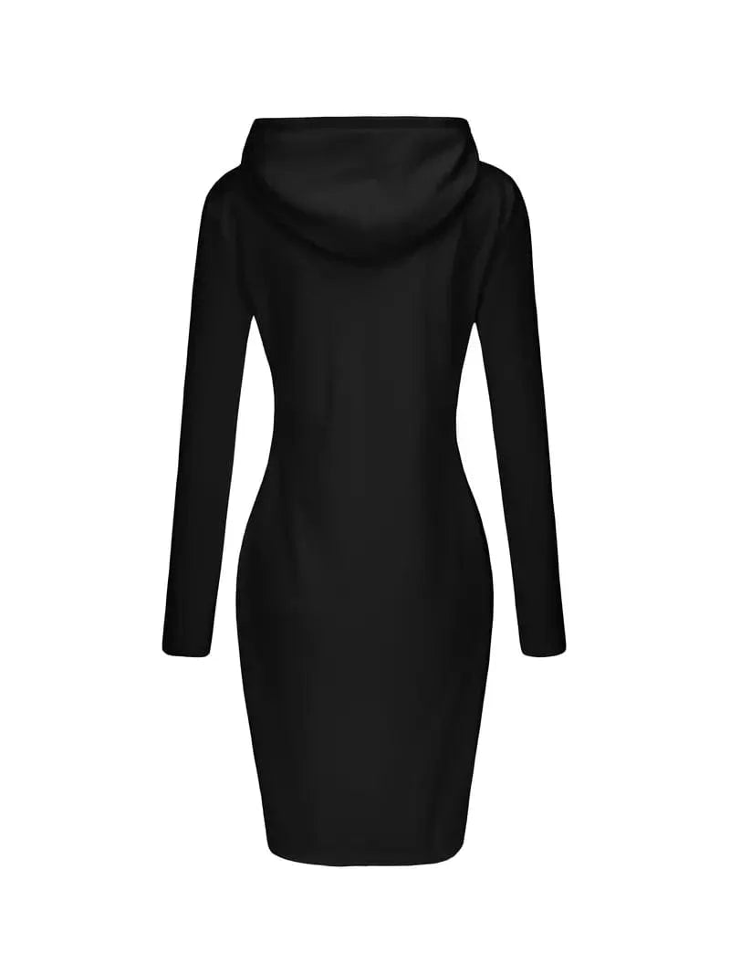 Solid Drawstring Long Sleeve Pocket Hooded Active Sports Mini Dress