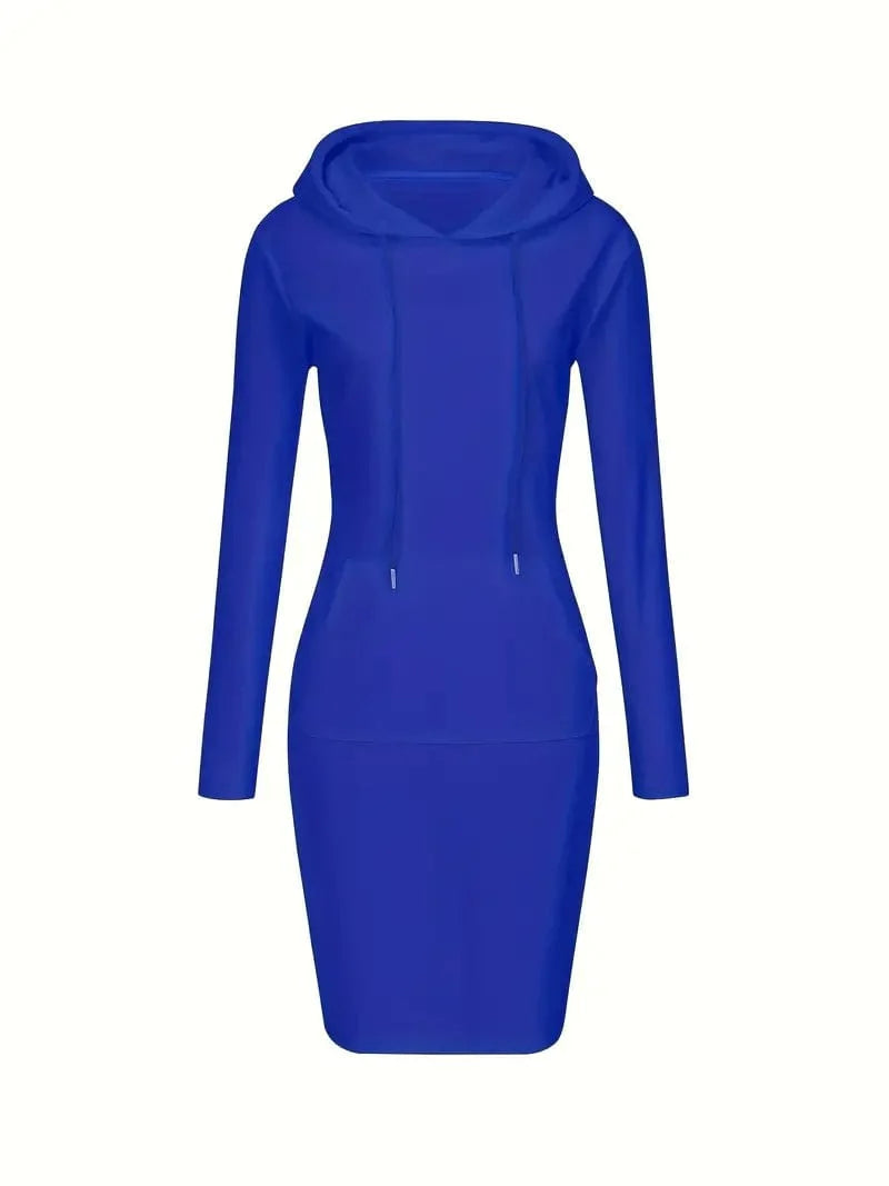 Solid Drawstring Long Sleeve Pocket Hooded Active Sports Mini Dress