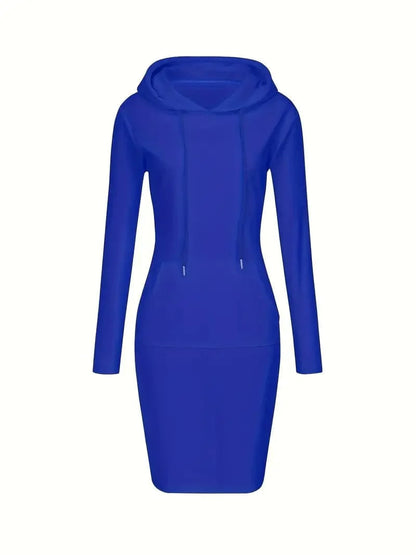 Solid Drawstring Long Sleeve Pocket Hooded Active Sports Mini Dress