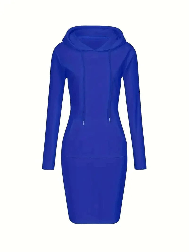 Solid Drawstring Long Sleeve Pocket Hooded Active Sports Mini Dress
