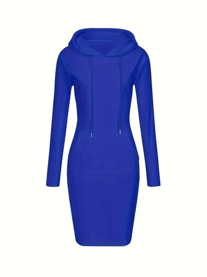 Solid Drawstring Long Sleeve Pocket Hooded Active Sports Mini Dress