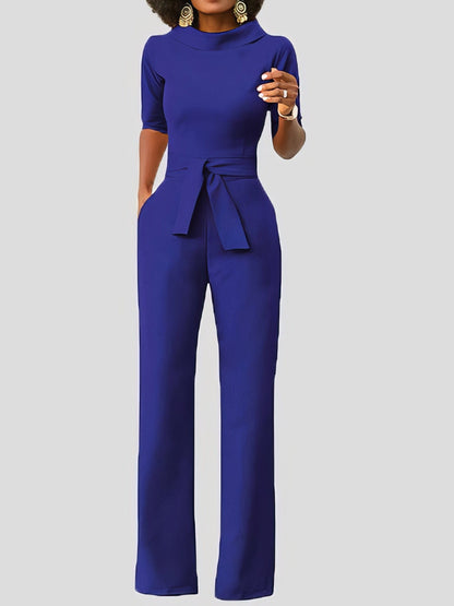 Solid Five-Point Sleeve Belted Wide-Leg Jumpsuit