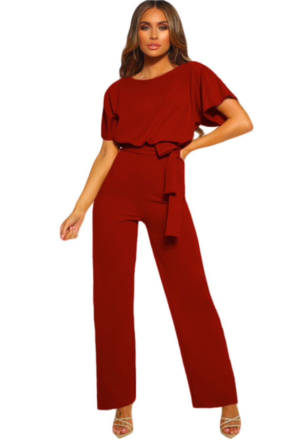 Solid Five-Point Sleeve Belted Wide-Leg Jumpsuit