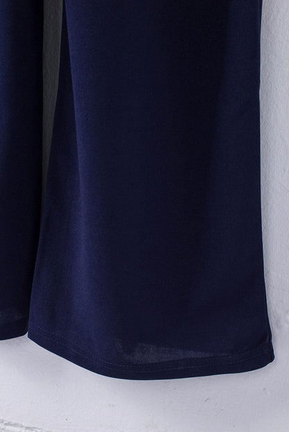 Solid Five-Point Sleeve Belted Wide-Leg Jumpsuit