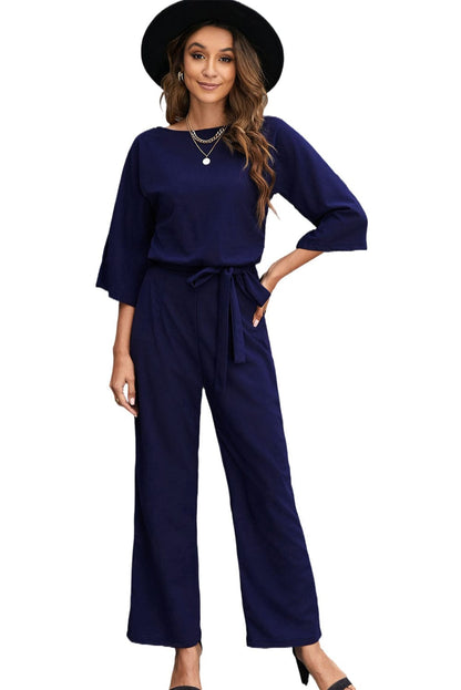 Solid Five-Point Sleeve Belted Wide-Leg Jumpsuit