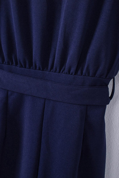 Solid Five-Point Sleeve Belted Wide-Leg Jumpsuit