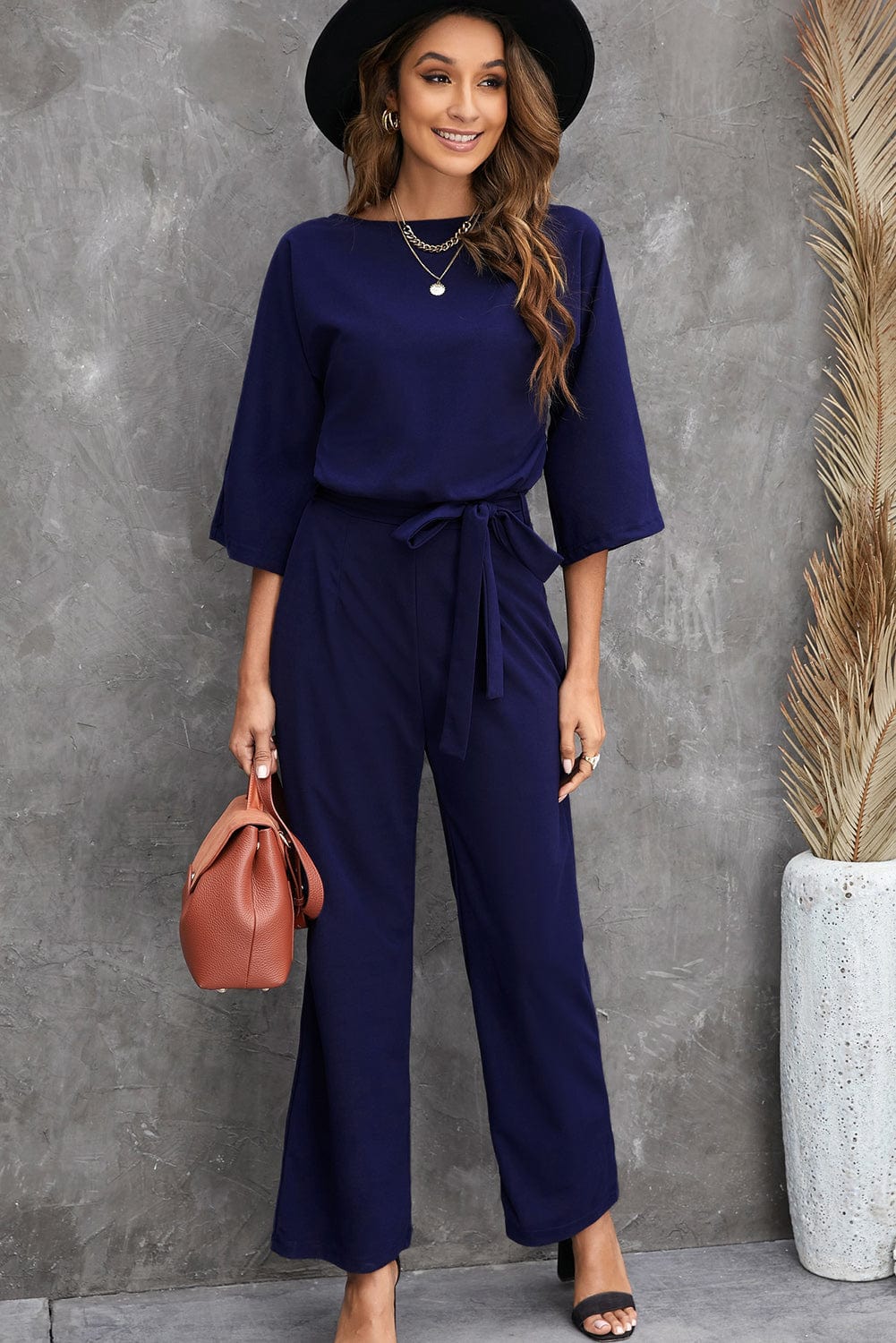 Solid Five-Point Sleeve Belted Wide-Leg Jumpsuit